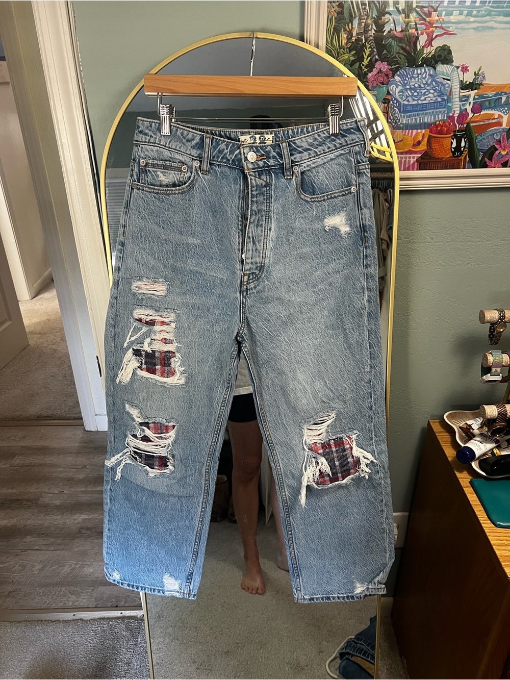 Free people plaid baggy distressed jeans